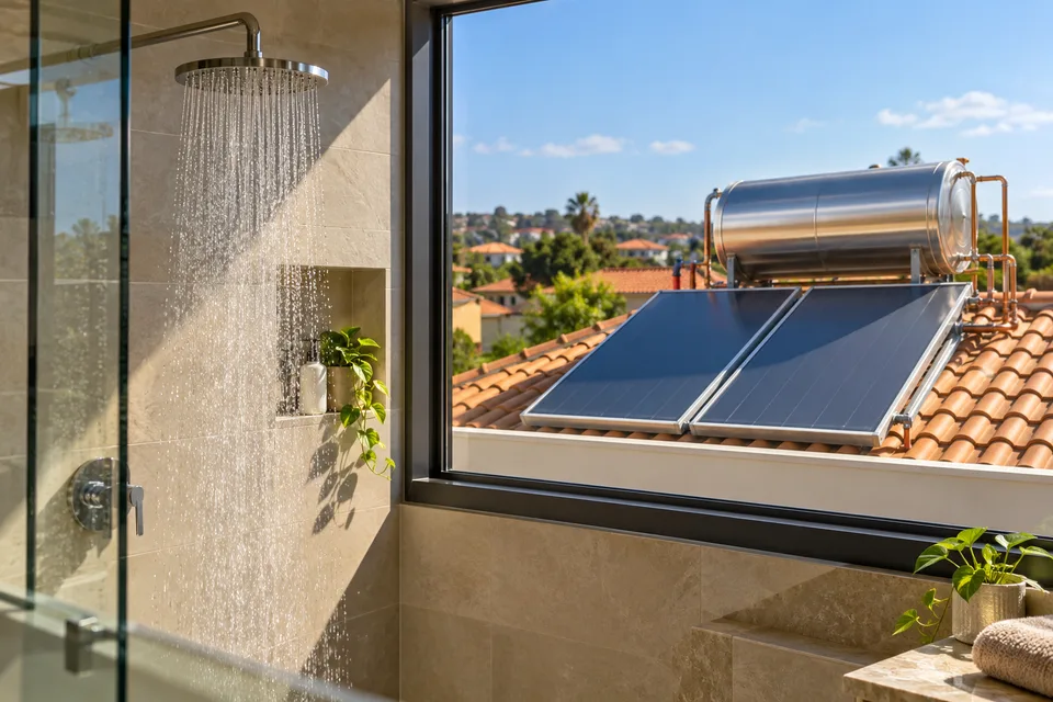 Ducha de banheiro residencial e sistema solar térmico visível pela janela