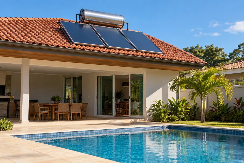 Residência do interior paulista com aquecimento solar térmico e piscina