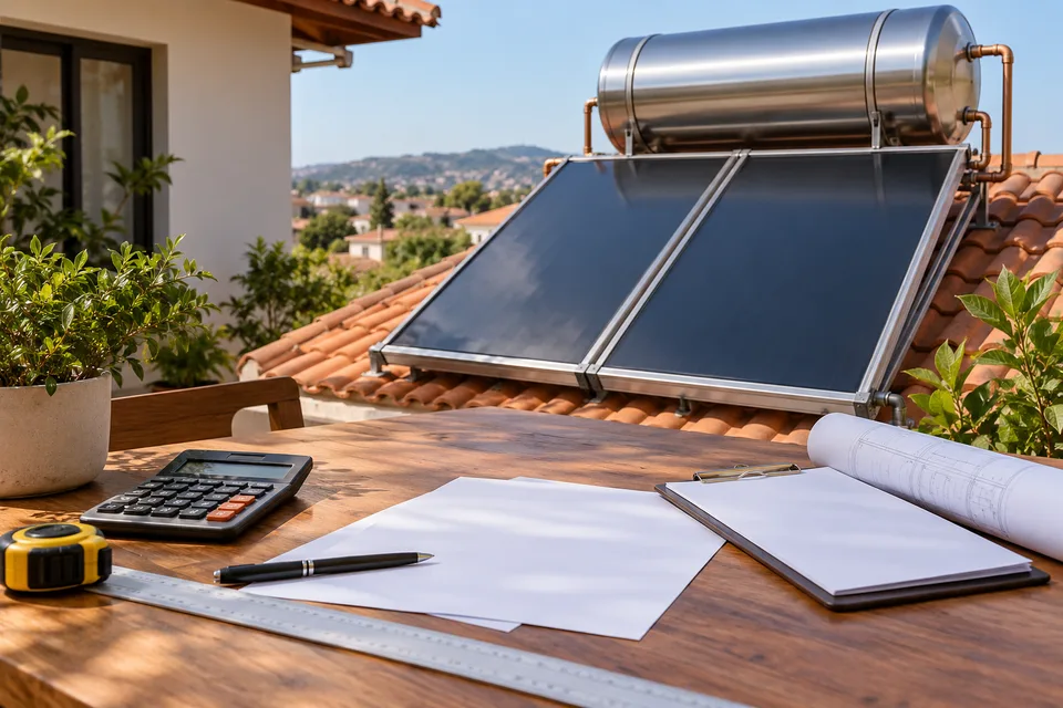 Planejamento de orçamento de aquecimento solar com calculadora e equipamentos em miniatura