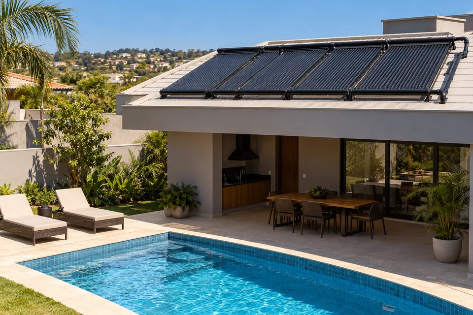 Piscina residencial aquecida por coletores solares poliméricos
